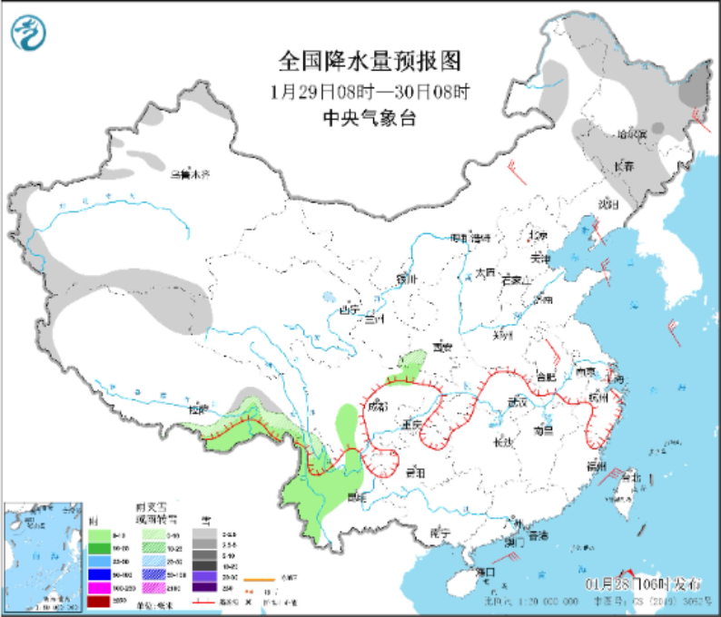 图3 全国降水量预报图(1月29日08时至30日08时)
