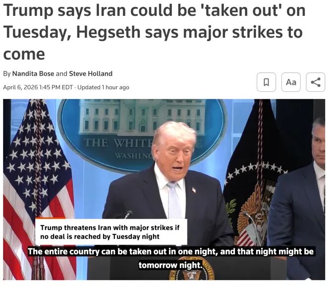 △路透社报道，特朗普威胁伊朗，如果美东时间4月7日晚之前不能达成协议，将发动大规模打击。