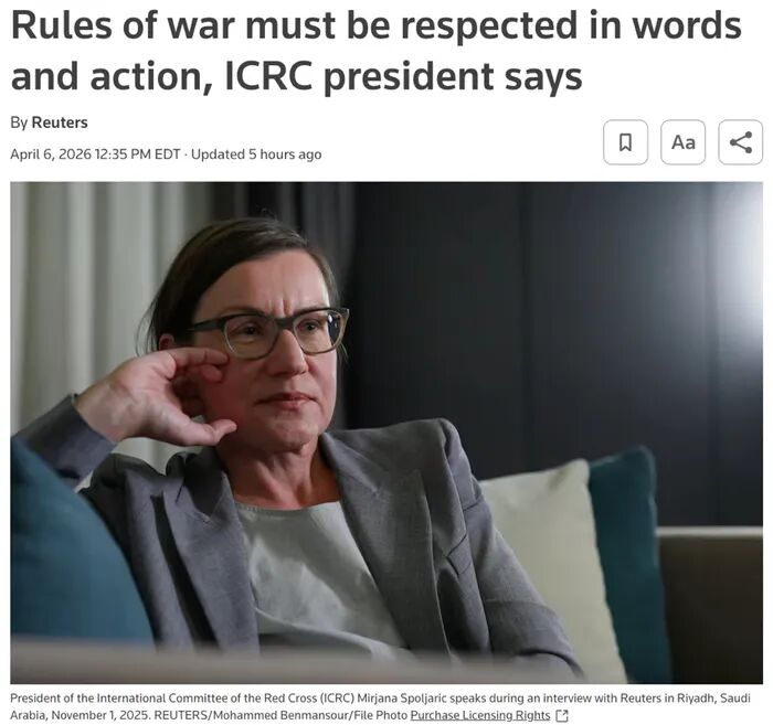 △路透社报道，国际红十字会主席敦促各国政府在言行上尊重战争规则。